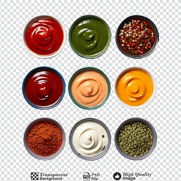 PSD various sauces in bowls isolated on transparent background