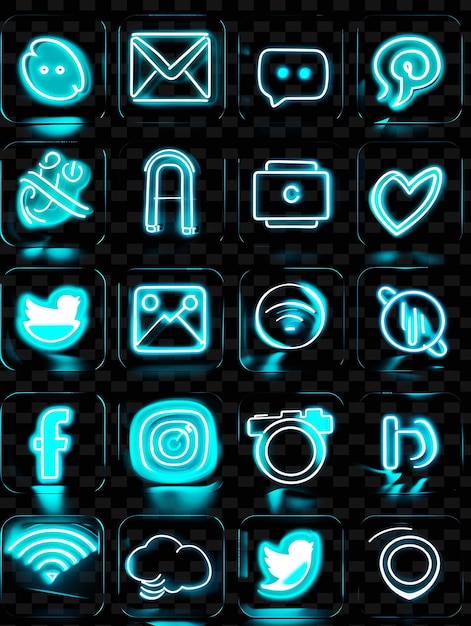 Various social icons with a radiant luminescence effect and set png iconic y2k shape art decorative