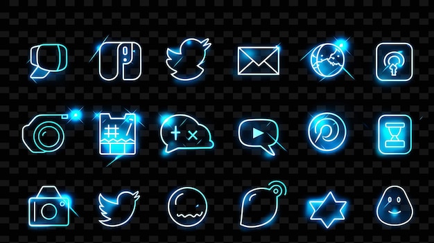 PSD various social media icons with a glowing effect and outlin set png iconic y2k shape art decorativee