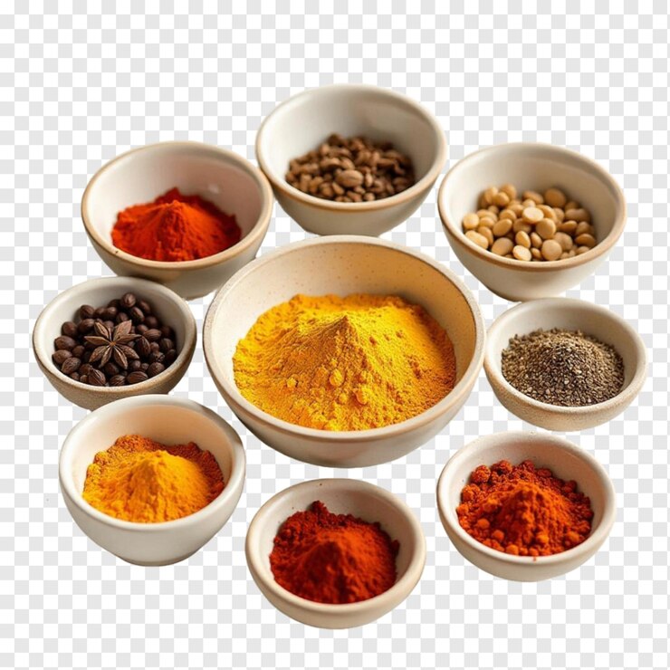 PSD various spice bowls on a transparent white png background