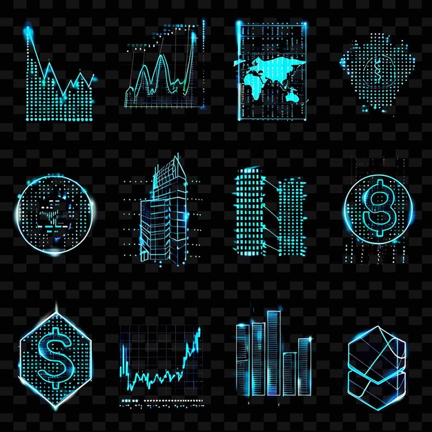 PSD various trading software icons with sparkling effect in dot set png iconic y2k shape art decorativet