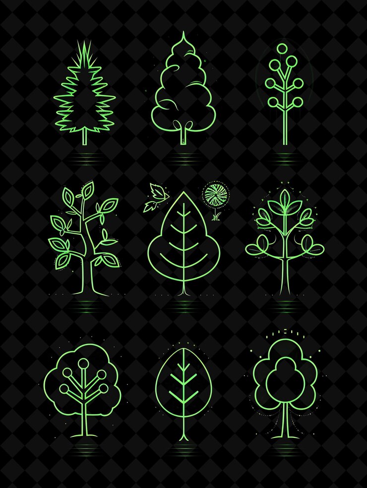 PSD various of tree icons with pulsating glow and outline style creative set neon color y2k collection