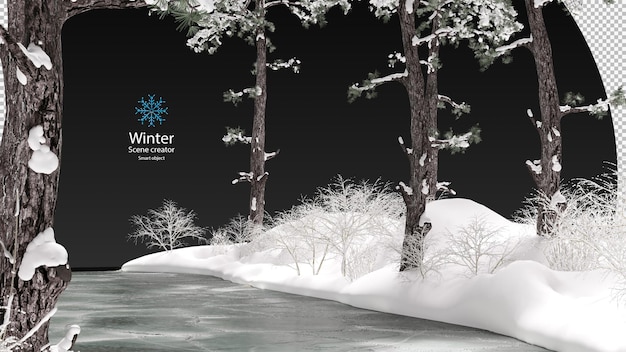 various winter trees surrounded frozen stream clipping path