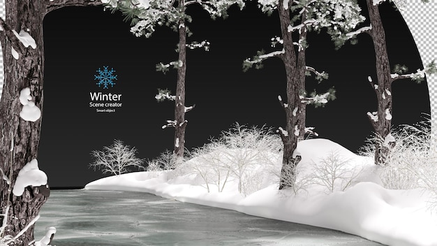 PSD various winter trees surrounded frozen stream clipping path