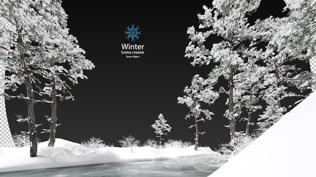 PSD various winter trees surrounded frozen stream clipping path