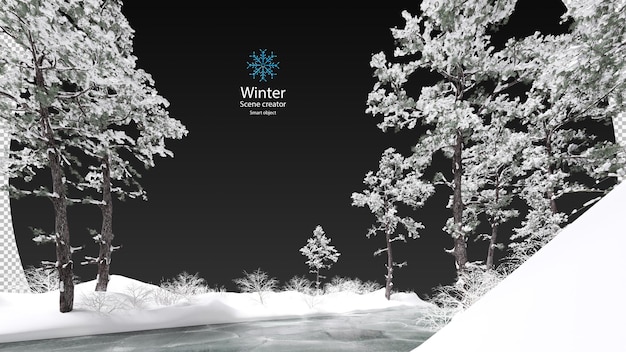 various winter trees surrounded frozen stream clipping path