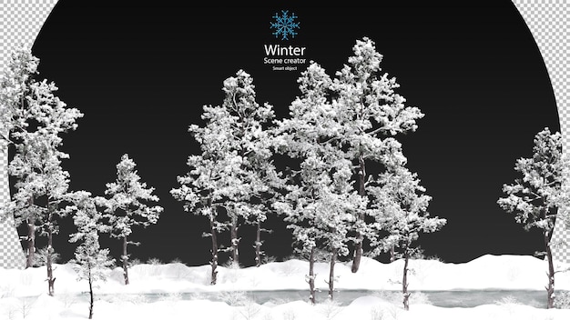 PSD various winter trees surrounded frozen stream clipping path