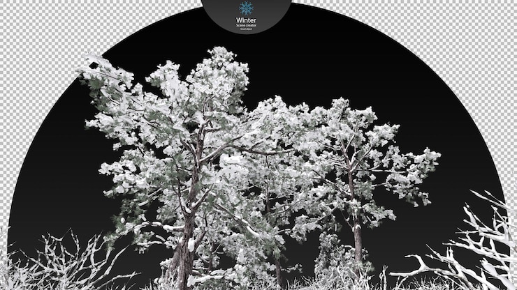 PSD various winter trees surrounded frozen stream clipping path