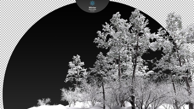 PSD various winter trees surrounded frozen stream clipping path