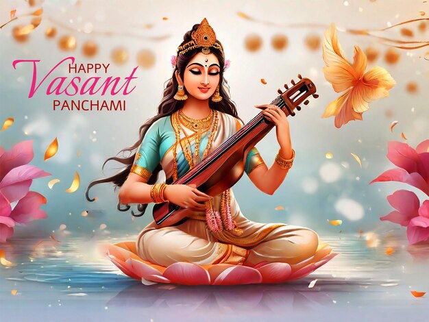 Vasant panchami festival poster sjabloon met goedheid saraswati