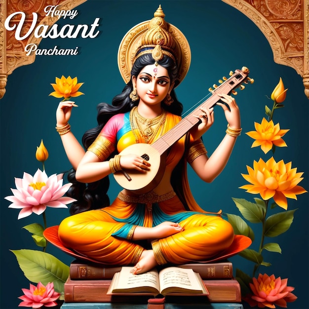 PSD vasant panchami on indian god saraswati maa religious card design