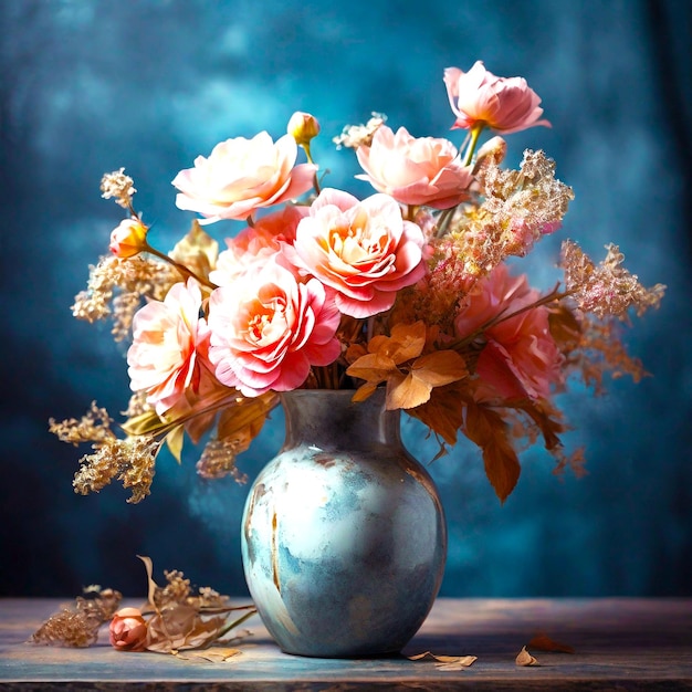 A vase of flowers is on a table with a blue background