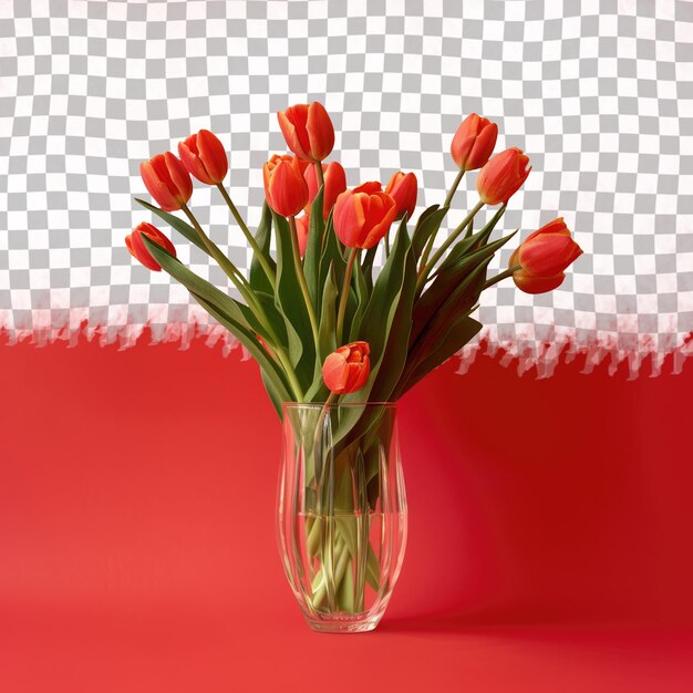 PSD a vase of red tulips with a white background with a checkered pattern