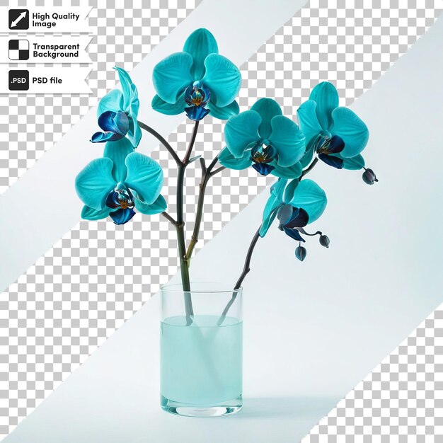 PSD a vase with blue flowers in it and a picture of a flower in it