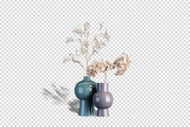 PSD vases of dried flowers in 3d rendering