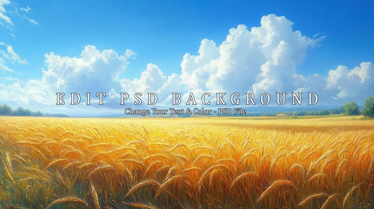PSD a vast field of golden wheat under a bright blue sky with fluffy white clouds