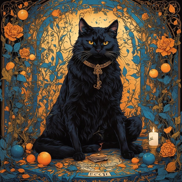Vector holistic black cat tarot halloween