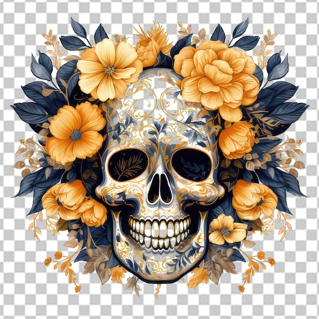 PSD vector human skull with flowers in png