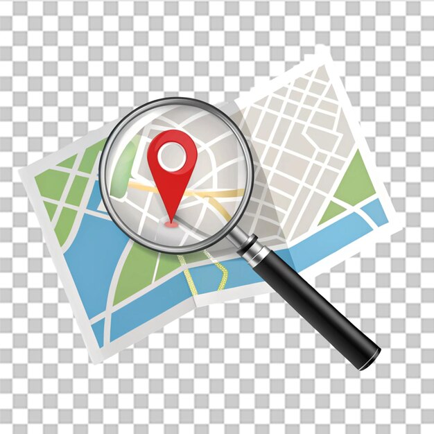 vector icon of map with magnifying glass or gps red arrow isolated on transparent background