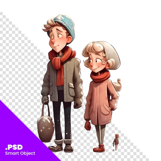 Vector illustration of a boy and a girl on a walk in the city psd template