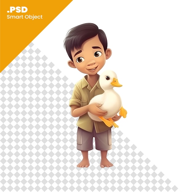 PSD vector illustration of a cute boy holding a duck isolated on white background psd template