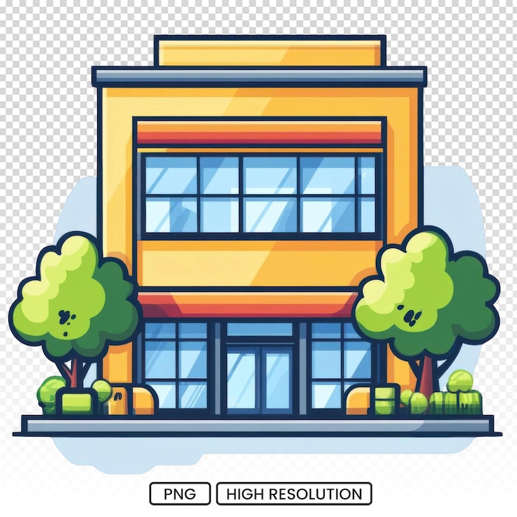 PSD vector illustration of a modern office building in a flat style on a transparent background