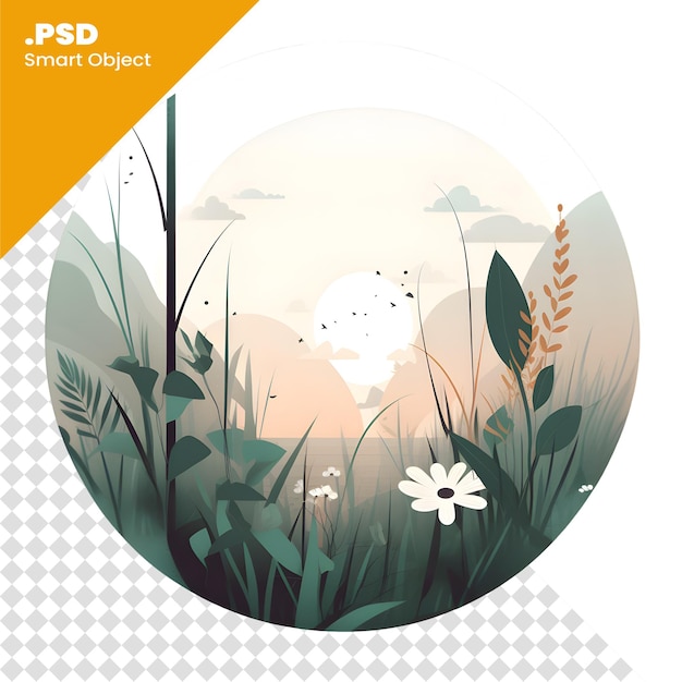 PSD 서클 psd 템플릿에 풀과 꽃이 있는 풍경의  ⁇ 터 일러스트레이션