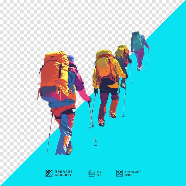 PSD vector image of several mountain climbers with big backpacks transparent background
