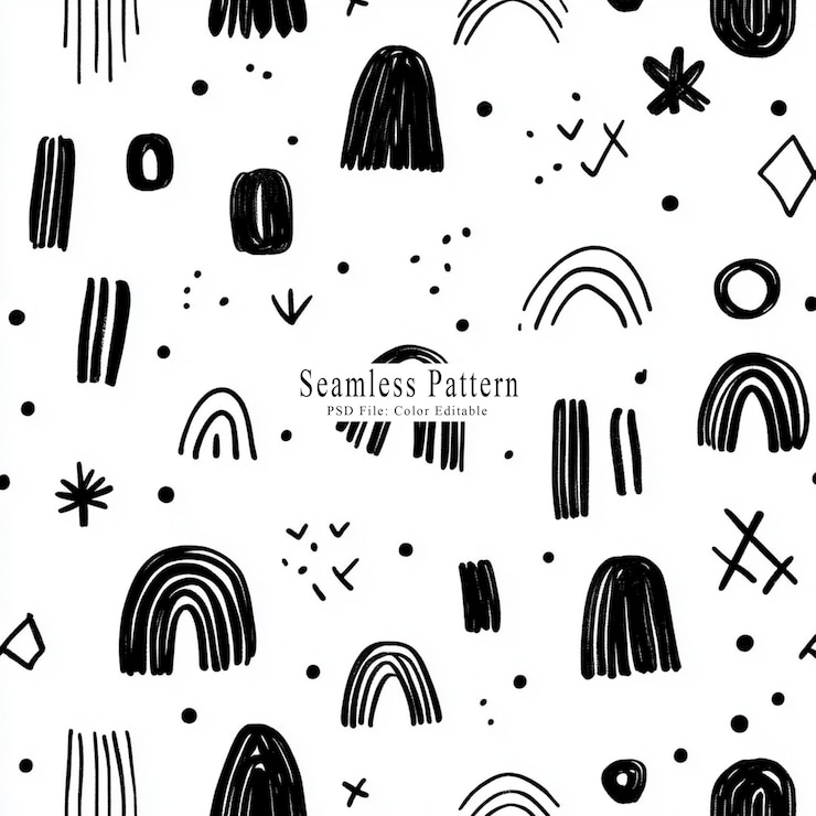 PSD vector line art simple doodle seamless pattern of cute stars and hearts with little moon shapes