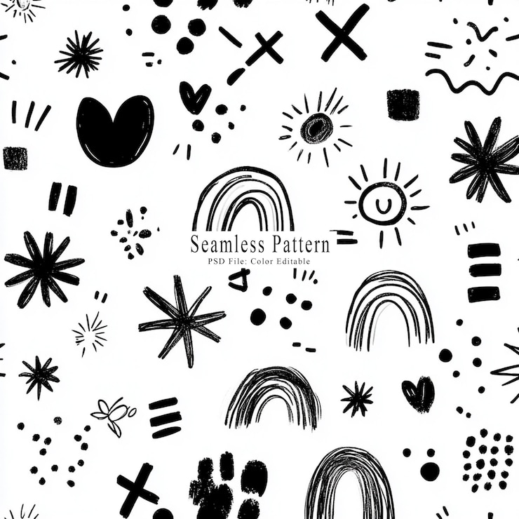 PSD vector line art simple doodle seamless pattern of cute stars and hearts with little moon shapes