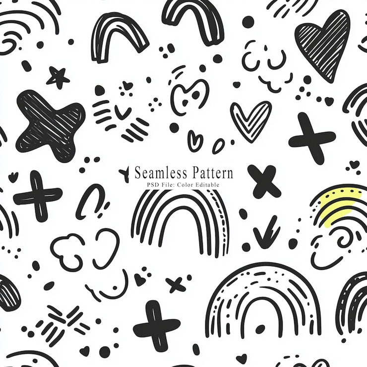 PSD vector line art simple doodle seamless pattern of cute stars and hearts with little moon shapes