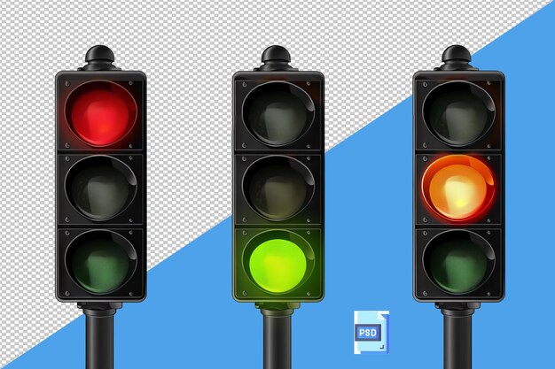 Vector of three traffic lights each one lit with a different light Transparent background