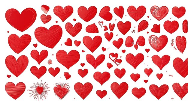 Векторный набор различных красных сердец коллекция вручную нарисованных сердец дизайн на белом фоне.