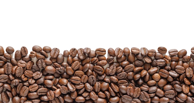 Veel geroosterde koffiebonen op een witte achtergrond Koffiebonen grenzen aan een kopieerruimte