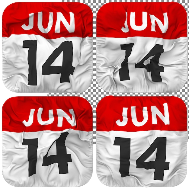 Veertiende 14 juni Datum Kalender Icoon Geïsoleerd Vier Zwaaiende Stijl Bump Textuur 3D Rendering