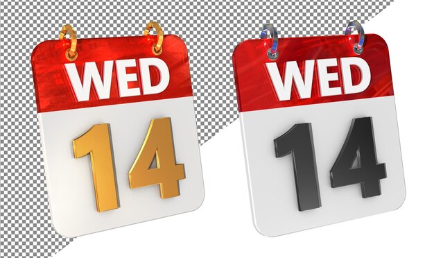 Veertiende 14e woensdag Datum 3D Icon Isolated Gold amp Glossy 3D Rendering