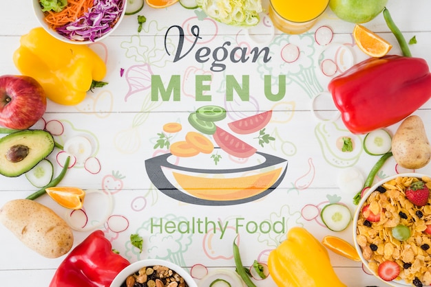 PSD vegan menu background with vegetables circle