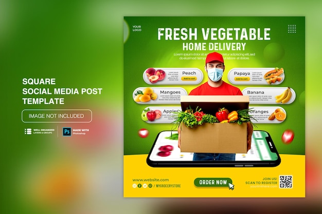 PSD Шаблон сообщения в социальных сетях с доставкой овощей и фруктов в instagram