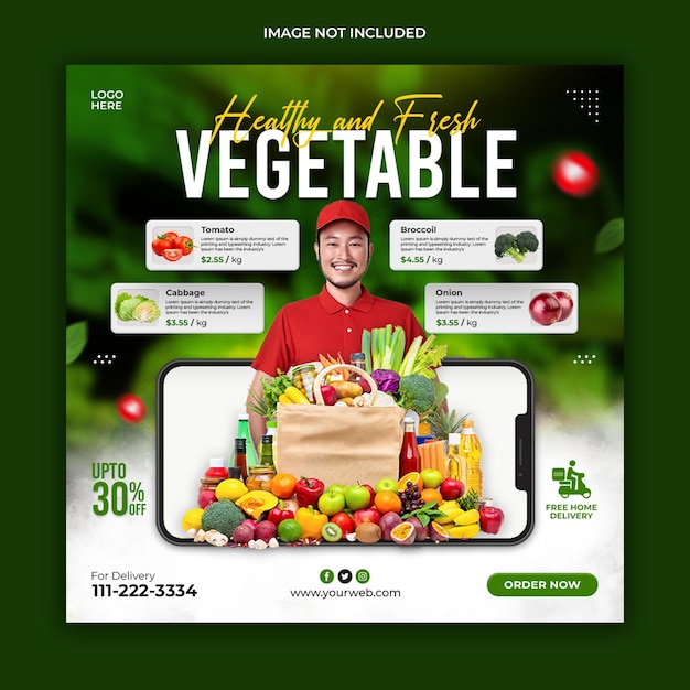 야채 및 식료품 배달 프로모션 소셜 미디어 배너 템플릿
