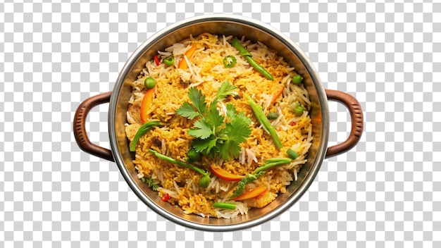 Vegetable biryani in a pot on transparent background