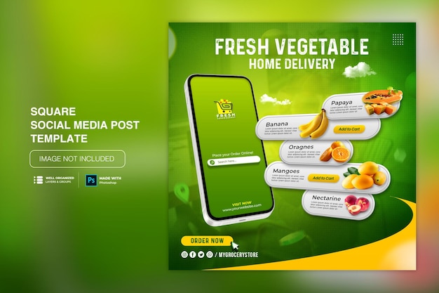 PSD modello di post instagram di social media per la consegna di generi alimentari di frutta e verdura