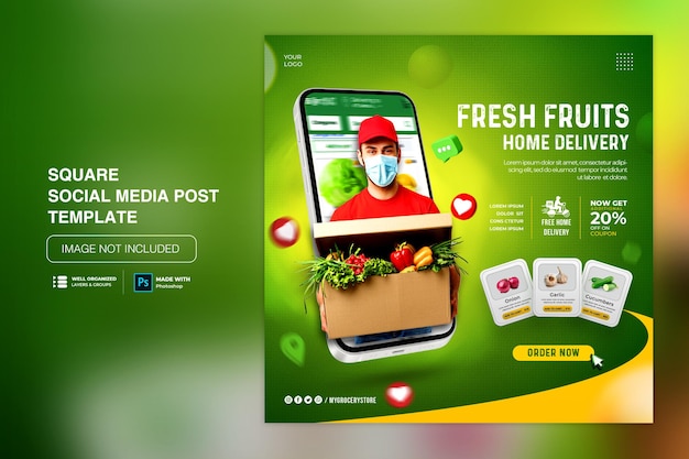 Modello di post sui social media di instagram di media sociali di consegna di generi alimentari di frutta e verdura