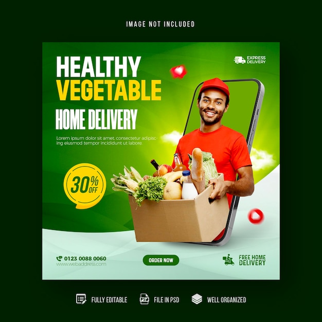 PSD vegetable and fruit grocery delivery social media instagram social media post template