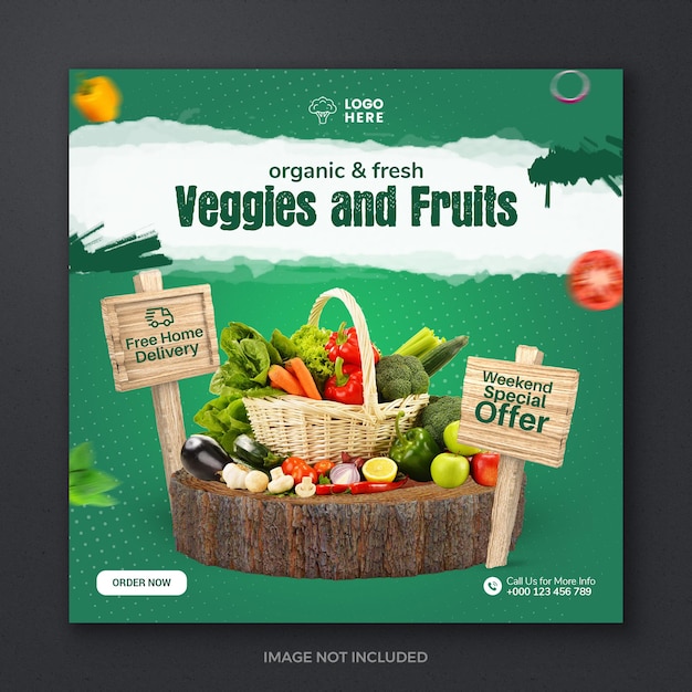 PSD vegetable fruits grocery food fresh organic healthy promotion social media post banner template