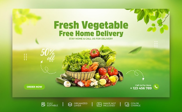 Рекламный веб-баннер с доставкой овощей и продуктов, обложка facebook, шаблон instagram