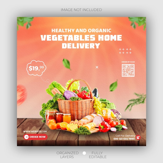 Modello instagram di promozione post sui social media per la consegna di verdure e generi alimentari