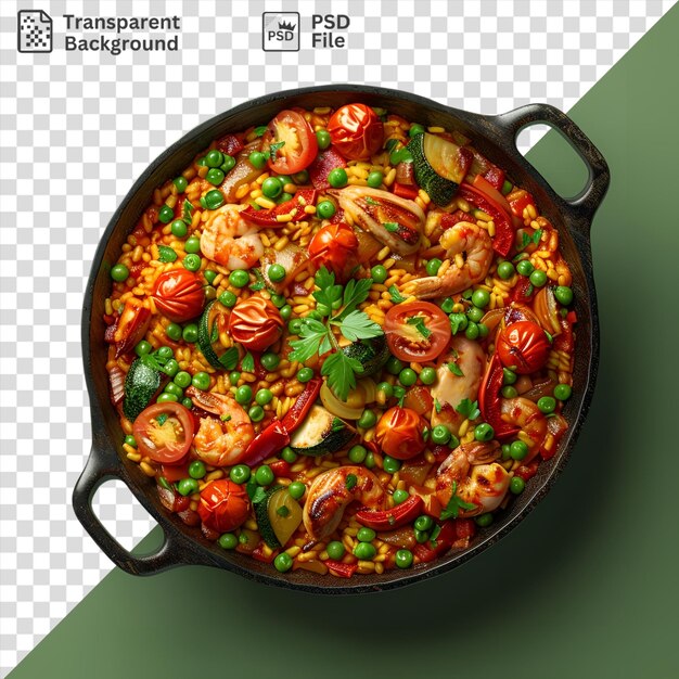 PSD vegetable paella in a pan on green background