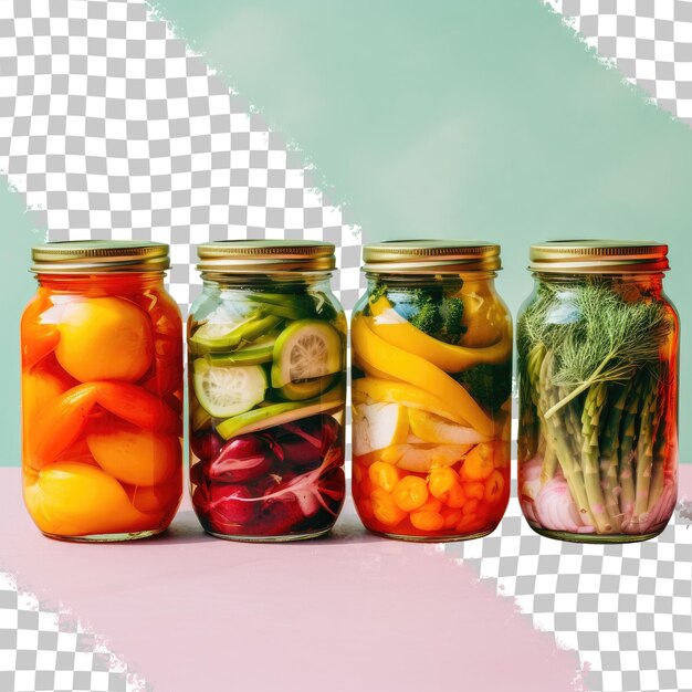 Vegetables in jars marinated against a transparent background