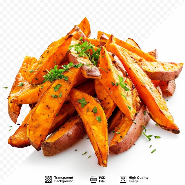 PSD vegetarian oven baked sweet potato fries isolated white isolated background
