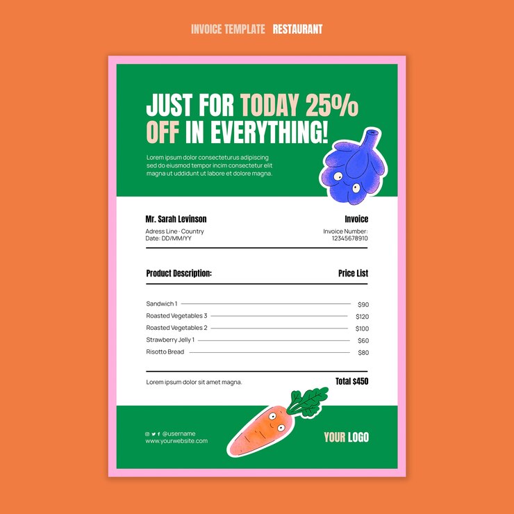 PSD vegetarian restaurant invoice template with vegetables